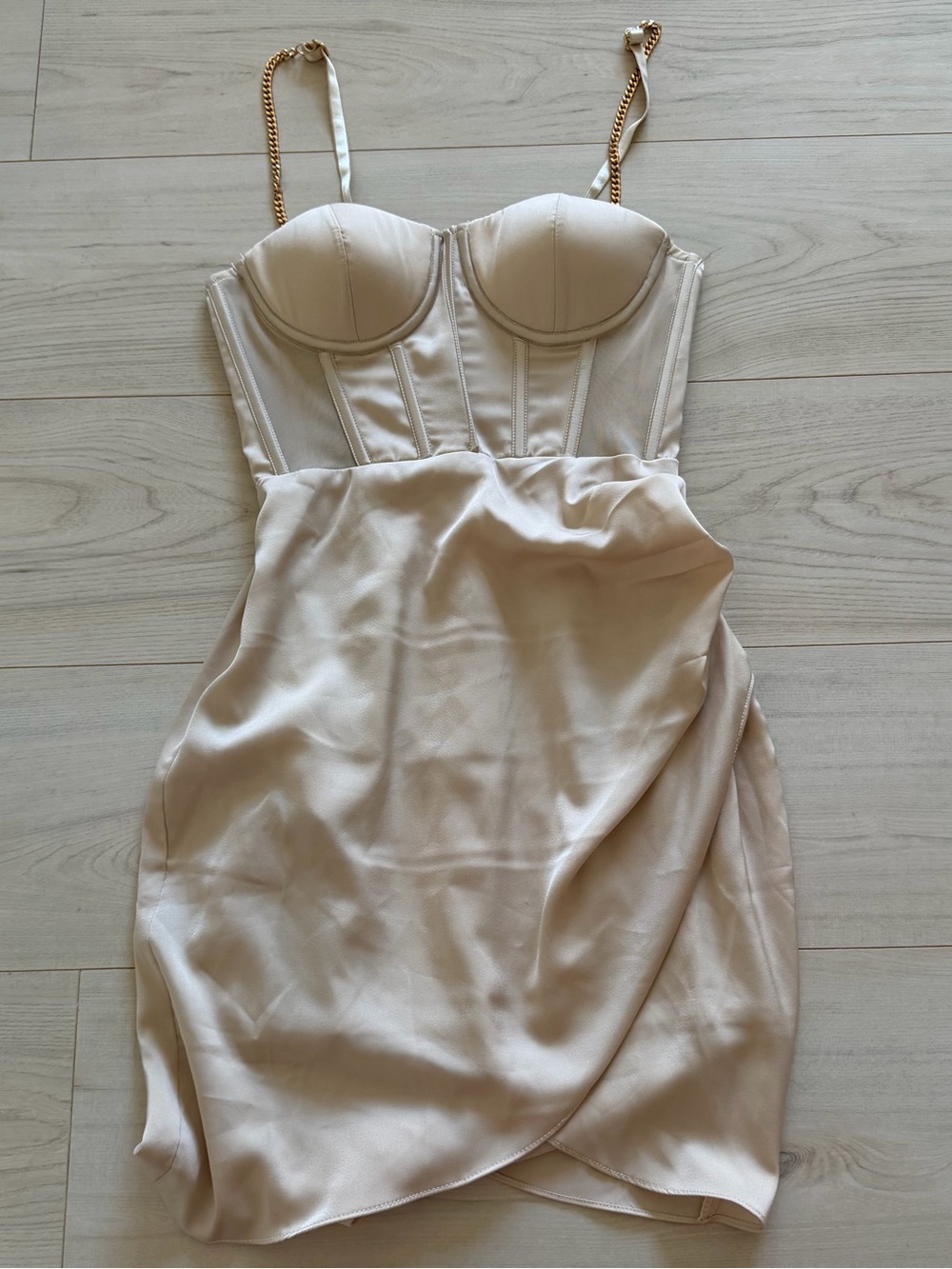 Meshki Cream Mini Dress with Gold Chain Straps